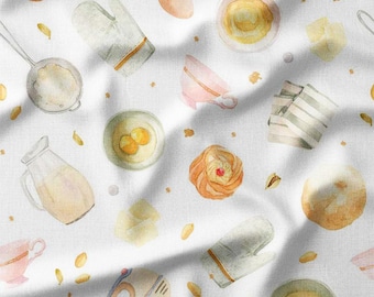 Watercolor Baking Ingredients and Utensils on White Cotton Fabric by the Yard - Cozy Kitchen Design for Quilting, Sewing, and Culinary Decor