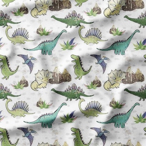 Dinosaurs and Volcanoes on White Cotton Fabric by the Yard - Perfect for Kids&#39; Quilting, Sewing, Nursery Decor, and Crafts