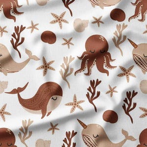 Fabric by the Yard – Cute Sea Creatures and Shells Design, Available in Cotton, Linen, Bamboo – Perfect for Kids&#39; Apparel and Quilting
