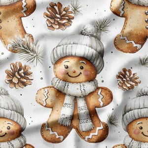 Gingerbread Men in Cozy Winter Hats with Pinecones on White Cotton Fabric by the Yard - Ideal for Christmas Quilting, Pillows, and Crafts
