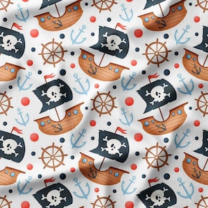 Pirate Ship Cotton Fabric by the Yard – Fun Pirate Ships with Anchors and Wheels, Perfect for Kids&#39; Crafts, Room Decor and Quilting Projects