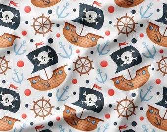 Pirate Ship Cotton Fabric by the Yard – Fun Pirate Ships with Anchors and Wheels, Perfect for Kids' Crafts, Room Decor and Quilting Projects