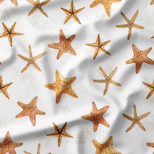 Fabric by the Yard – Realistic Starfish Pattern on White Background, Perfect for Coastal-Themed Quilting, Sewing, and Home Decor