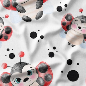 Smiling Ladybugs and Polka Dots Cotton Fabric by the Yard - Whimsical Watercolor Design for Kids&#39; Quilting, Sewing, and Nursery Projects