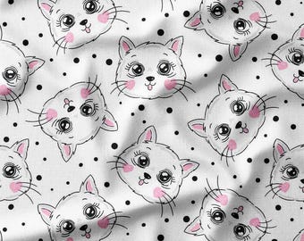 White Cat Cotton Fabric by the Yard Adorable Cartoon Cats with Polka Dots Design For Kids Sewing Supplies Fabric for Quilting Bedding DIY
