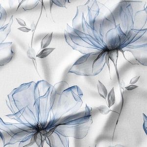 Fabric by the Yard – Blue Floral Cotton Fabric with Large Elegant Flowers – Perfect for Home Decor, Quilting, and Sewing – Cotton, Linen