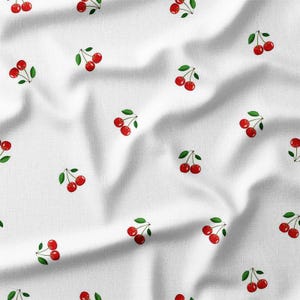 Cotton Fabric by the Yard - Red Cherries with Green Leaves on White Background - Perfect for Quilting, Sewing, and Summer DIY Projects