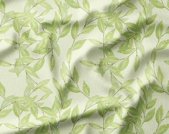Olive Green Leaves Watercolor Cotton Viscose Fabric by the Yard Botanical Foliage Design for Sewing, Quilting, Home Decor, and DIY Projects