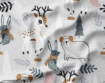 Winter Animals with Trees and Leaves on Gray Cotton Fabric by the Yard - Cozy Woodland Design for Kids, Quilting, DIY Crafts, Home Decor