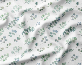 Watercolor Eucalyptus Branches on White Cotton Fabric by the Yard - Fresh Botanical Design for Quilting, Pillows, Bedding, and Home Decor