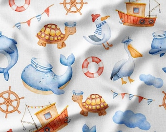 Nautical Whales, Turtles, and Sailors on White Cotton Fabric by the Yard – Fun Ocean Adventure Design for Kids' Quilting, Sewing, and Decor