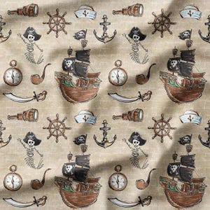 Playful Pirate Ships, Skeletons, and Anchors on Beige Cotton Fabric by the Yard - Nautical Pirate Design for Kids&#39; Quilting, Sewing, Crafts