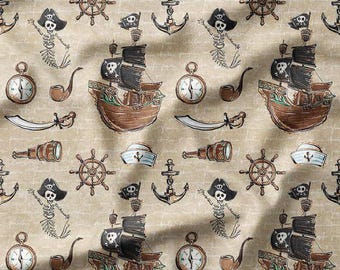 Playful Pirate Ships, Skeletons, and Anchors on Beige Cotton Fabric by the Yard - Nautical Pirate Design for Kids' Quilting, Sewing, Crafts
