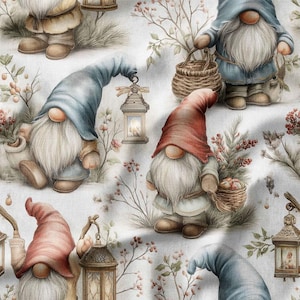 Christmas Gnomes Cotton Fabric by the Yard – Scandinavian Gnomes with Lanterns and Winter Plants for Quilting, Holiday Sewing