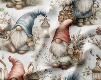 Cotton Fabric by the Yard – Scandinavian Christmas Gnomes in Dusty Blue and Red – Holiday Pattern