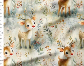 Cotton Fabric by the Yard – Baby Fawns in Sage Woodland with Leaves – Watercolor Forest Animal Pattern