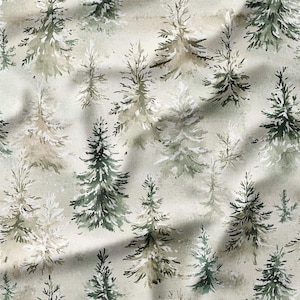 Snow-Covered Pine Trees on Light Green Cotton Fabric by the Yard - Ideal for Winter Quilting, Pillows, and Holiday Crafts
