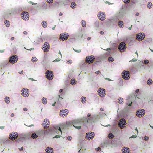 Soft Purple and Pink Flowers on White Cotton Fabric by the Yard - Delicate Floral Design for Quilting, Sewing, and Crafts