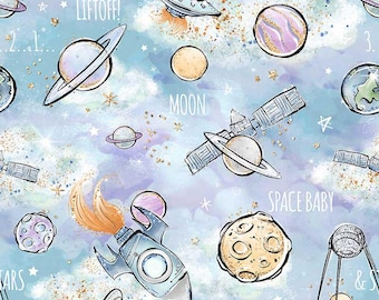 Katoenstof op maat gesneden Space Rockets Planets and Stars-patroon