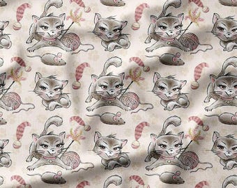 Cotton Fabric by the Yard Playful Gray Cats with Toys on Beige Background, Available in Cotton, Linen, Bamboo & More - Ideal for DYI