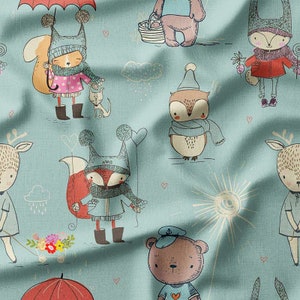 Woodland Animals Cotton Fabric by the Yard Cute Forest Animals in Cozy Outfits Design for Kids Sewing, Quilting, Bedding, and DIY Projects