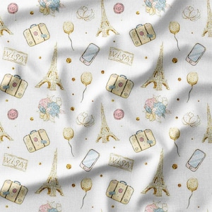 Paris Travel Cotton Fabric by the Yard - Eiffel Tower, Suitcase, and Visa Stamp Pattern for Sewing, Quilting, and DIY Projects