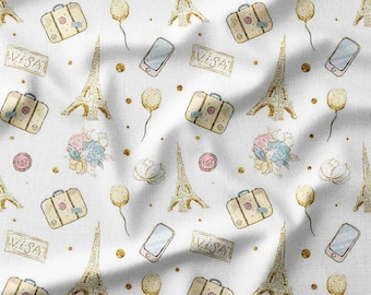Paris Travel Cotton Fabric by the Yard - Eiffel Tower, Suitcase, and Visa Stamp Pattern for Sewing, Quilting, and DIY Projects