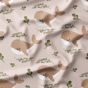 Cotton Fabric by the Yard - Cute Whales and Greenery on Beige Background, Perfect for Quilting, Baby Projects, Home Decor, and Crafts
