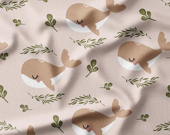 Cotton Fabric by the Yard - Cute Whales and Greenery on Beige Background, Perfect for Quilting, Baby Projects, Home Decor, and Crafts