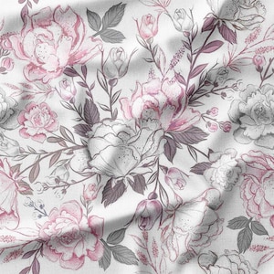 Elegant Pink and White Peonies with Green Leaves on White Cotton Fabric by the Yard - Perfect for Quilting, Sewing, Bedding, Pillows