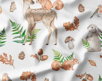 Cotton Fabric by the Yard – Woodland Deer, Squirrels and Ferns – Autumn Forest Pattern