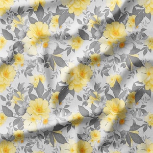 Yellow Flower Print Fabric by the Yard - Grey Background - Cotton Jersey Poplin Bamboo Sewing DIY Linen Muslin - Home Decor - Floral Design
