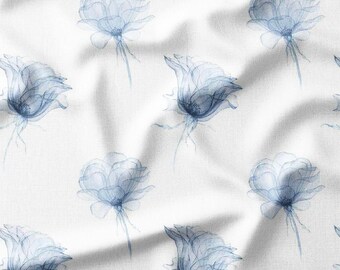 Cotton Fabric by the Yard – Blue Watercolor Bloom Sprigs – Minimal Floral Pattern