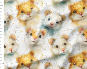 Cotton Fabric by the Yard, Cute Hamster Faces, Watercolor Splashes Soft Nursery Pet on White