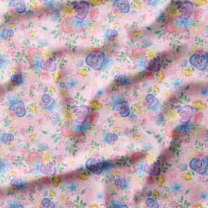 Cotton Fabric by the Yard - Pastel Floral Bouquet on Pink, Perfect for Quilting, Sewing, Spring Decor, and Nursery Projects