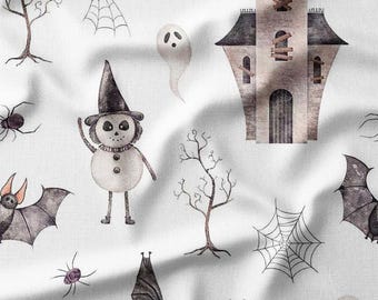 Halloween Haunted House Cotton Fabric by the Yard Spooky Ghosts, Snowmen, Bats, and Spiders Design Sewing Fabric for Quilting and Costumes
