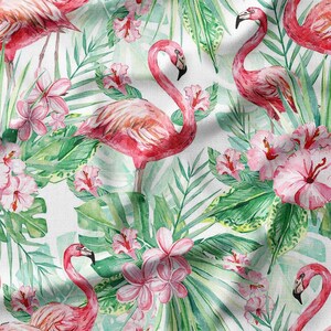 Cotton Fabric by the Yard - Tropical Flamingos and Pink Flowers on White Background, Perfect for Quilting, Home Decor, and Summer Crafts