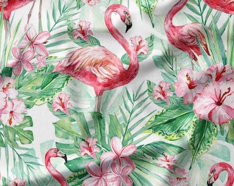 Cotton Fabric by the Yard - Tropical Flamingos and Pink Flowers on White Background, Perfect for Quilting, Home Decor, and Summer Crafts