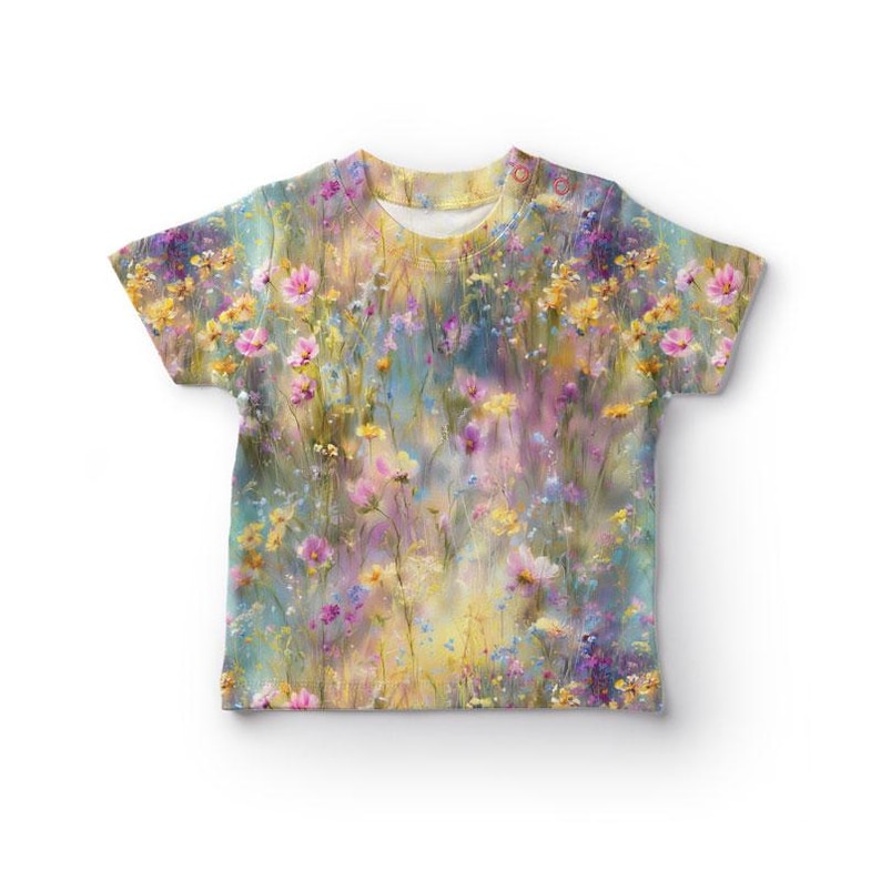 a colorful printed t-shirt with a vibrant floral pattern.