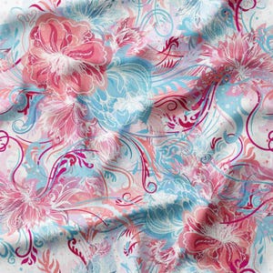 Fabric by the Yard – Abstract Floral Design in Pink, Blue, and Red, Available in Cotton, Linen, Bamboo & More – Perfect for DYI and Crafts