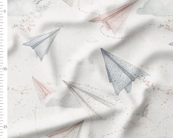 Cotton Fabric by the Yard – Paper Airplanes in Pastel Blue and Pink with Clouds – Kids Nursery Pattern
