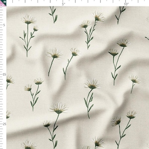 Cotton Fabric by the Yard – Minimal Daisies in Sage on Beige – Scandinavian Floral Pattern