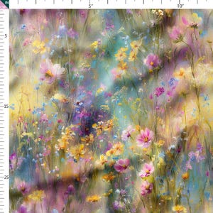 Cotton Fabric by the Yard – Pastel Wildflower Meadow in Yellow and Lilac on White – Watercolor Floral Pattern