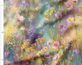 May include: A colourful floral fabric with a painterly design. The pattern features wildflowers in pink, yellow, blue, and purple. The fabric has a soft, watercolour-like quality, with a blurred background.