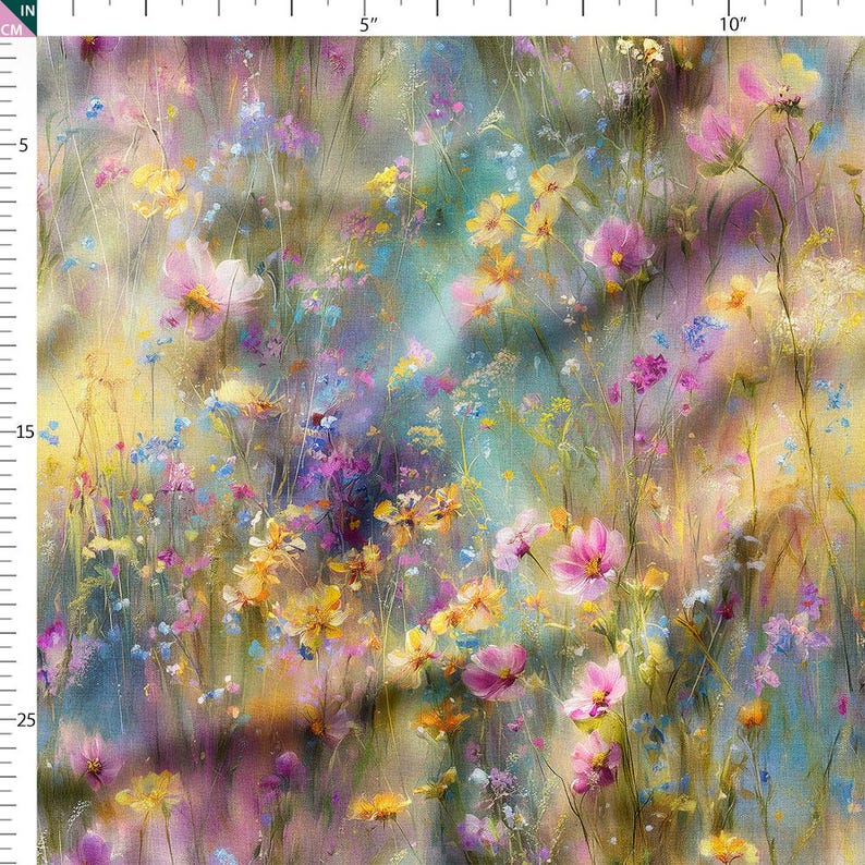 The image is a vibrant and colorful painting of a field filled with a variety of flowers in shades of pink, yellow, and purple.