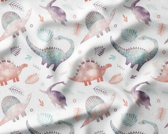 Pastel Dinosaurs and Leaves Cotton Fabric by the Yard - Cute Prehistoric Pattern for Kids' Quilting and Sewing Projects