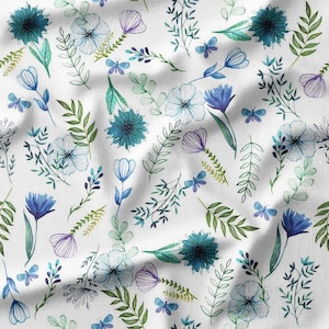 Blue and Purple Floral Watercolor Cotton Fabric by the Yard - Delicate Flower and Leaf Design for Quilting, Bedding, Pillows, and Home Decor