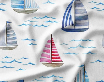 Sailboats and Waves on White Cotton Fabric by the Yard - Nautical Design for Quilting, Sewing, DIY Crafts, and Home Decor