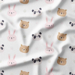 Cute Animal Faces with Bunnies, Bears, and Pandas on White Cotton Fabric by the Yard - Adorable Design for Kids' Quilting, Sewing, Decor