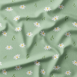 Cotton Fabric by the Yard – White Daisies on Sage Green – Available in Cotton, Linen, Bamboo & More - Perfect for Dresses, Quilting